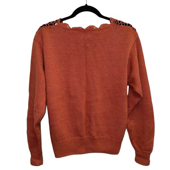 OBR Orange Rust Open Crochet Front Button Down Cardigan - Picture 4 of 6